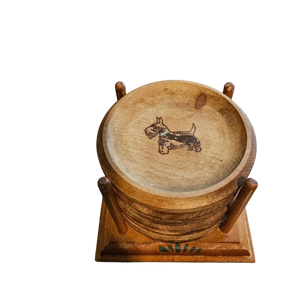 Vintage Scottie Dog Wooden Coaster Set MCM 7pc Mid Century Modern Cottage Farm